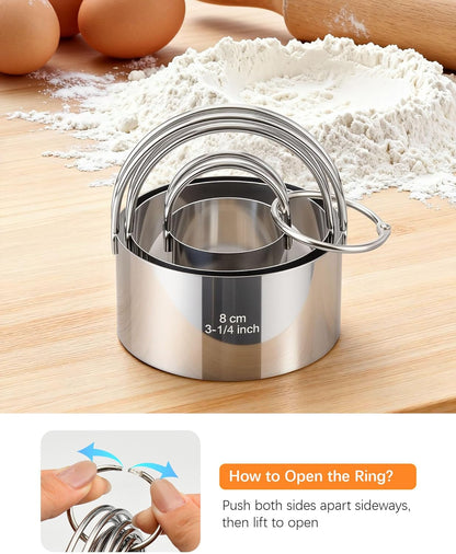 Biscuit Cutter Set with Handle, 5pcs Cookie Cutters | Pastry, Cakes, Donut Baking Tool, Stainless Steel, Dishwasher Safe, In/cm Markings, Ergonomic Arched Grip