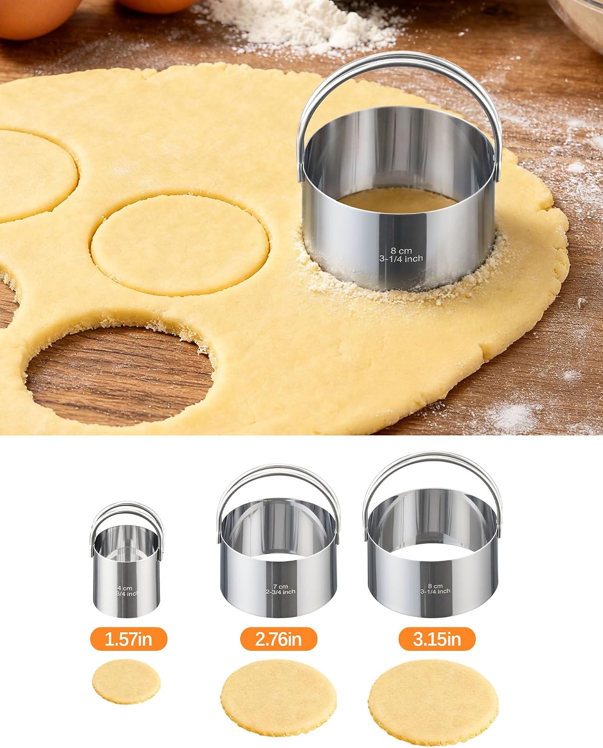 Biscuit Cutter Set with Handle, 5pcs Cookie Cutters | Pastry, Cakes, Donut Baking Tool, Stainless Steel, Dishwasher Safe, In/cm Markings, Ergonomic Arched Grip