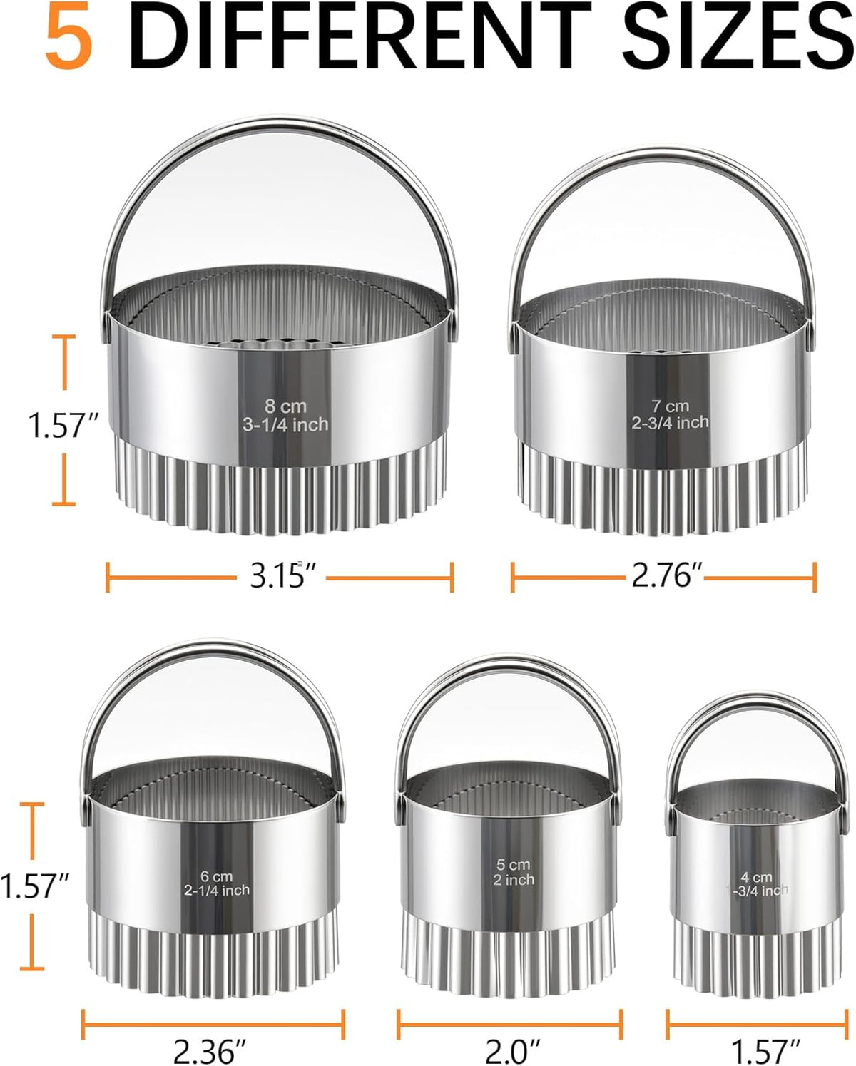 Biscuit Cutter Set with Handle, 5pcs Cookie Cutters | Pastry, Cakes, Donut Baking Tool, Stainless Steel, Dishwasher Safe, In/cm Markings, Ergonomic Arched Grip