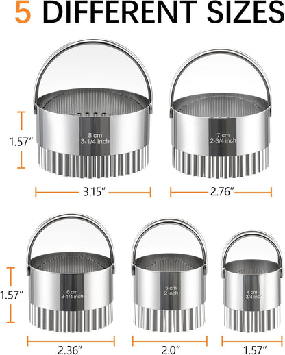 Biscuit Cutter Set with Handle, 5pcs Cookie Cutters | Pastry, Cakes, Donut Baking Tool, Stainless Steel, Dishwasher Safe, In/cm Markings, Ergonomic Arched Grip