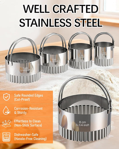 Biscuit Cutter Set with Handle, 5pcs Cookie Cutters | Pastry, Cakes, Donut Baking Tool, Stainless Steel, Dishwasher Safe, In/cm Markings, Ergonomic Arched Grip