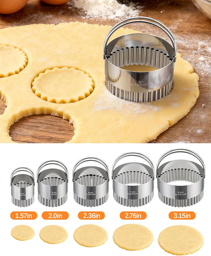 Biscuit Cutter Set with Handle, 5pcs Cookie Cutters | Pastry, Cakes, Donut Baking Tool, Stainless Steel, Dishwasher Safe, In/cm Markings, Ergonomic Arched Grip