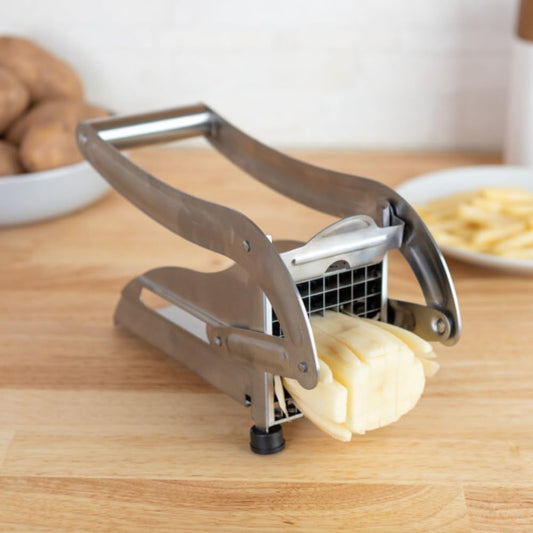 French Fry Cutter - Potato Cutter with Two Blades for Steak and Shoestring Cuts - Stainless Steel Potato Slicer with Non-Slip Suction Cups - Cooking Gadgets