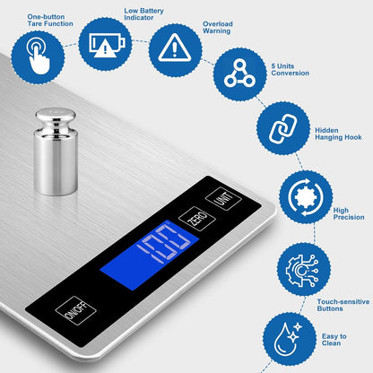 Food Scale, Digital Kitchen Scale for Kitchen 1g Precision, 22lb | Tare Function, Backlit LCD, Incloud Batteries 304 Stainless Steel 5 Units (g/kg/lb:oz/ml/fl.oz) For Baking Cooking Prep