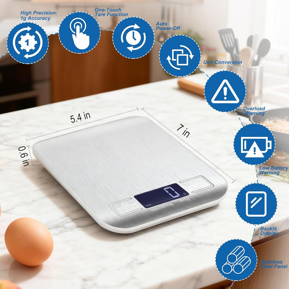 Food Scale, Digital Kitchen Scale for Kitchen 1g Precision, 22lb | Tare Function, Backlit LCD, Incloud Batteries 304 Stainless Steel 5 Units (g/kg/lb:oz/ml/fl.oz) For Baking Cooking Prep