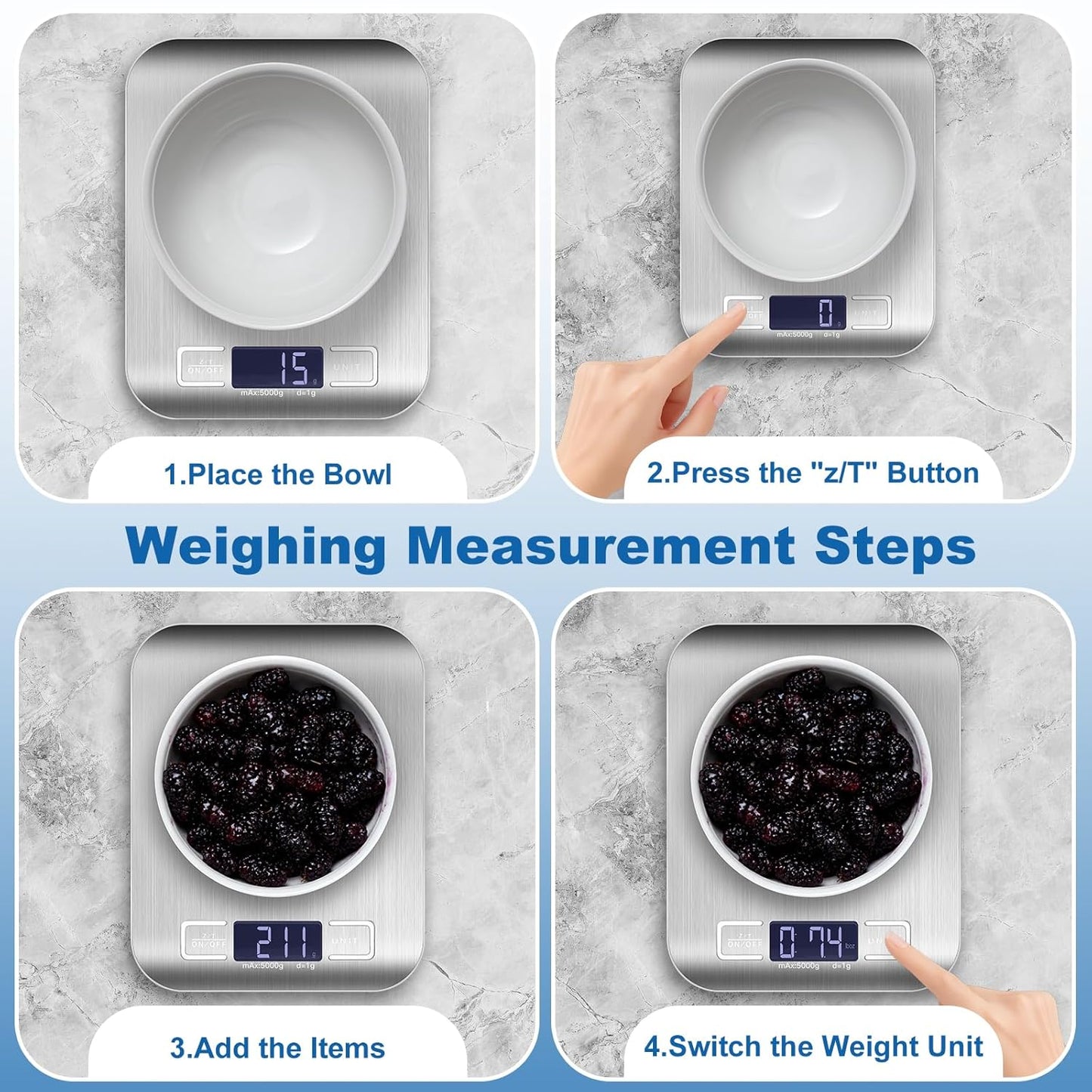 Food Scale, Digital Kitchen Scale for Kitchen 1g Precision, 22lb | Tare Function, Backlit LCD, Incloud Batteries 304 Stainless Steel 5 Units (g/kg/lb:oz/ml/fl.oz) For Baking Cooking Prep