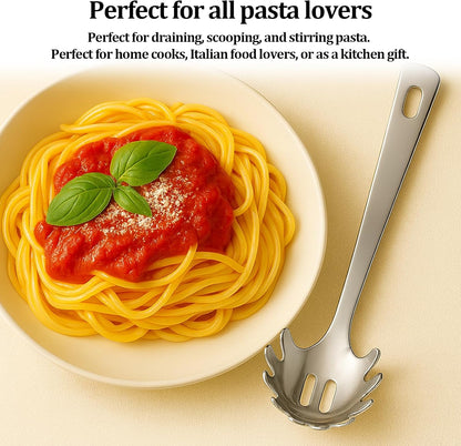 Stainless Steel Pasta Spoon with Teeth Pasta Server & Spaghetti Spoon with Drain Holes for Noodles, Pasta, Cooking & Serving (Silver)