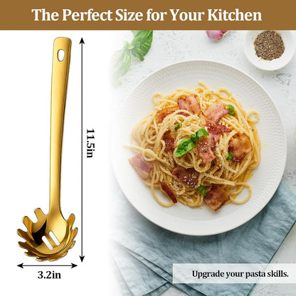 Stainless Steel Pasta Spoon with Teeth Pasta Server & Spaghetti Spoon with Drain Holes for Noodles, Pasta, Cooking & Serving (Silver)