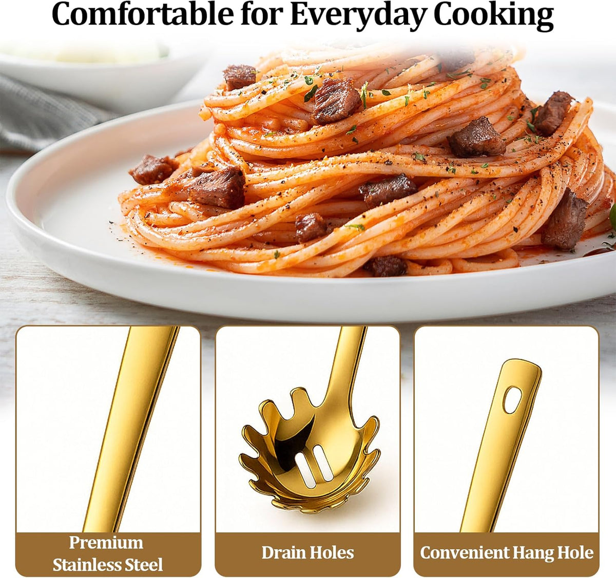 Stainless Steel Pasta Spoon with Teeth Pasta Server & Spaghetti Spoon with Drain Holes for Noodles, Pasta, Cooking & Serving (Silver)