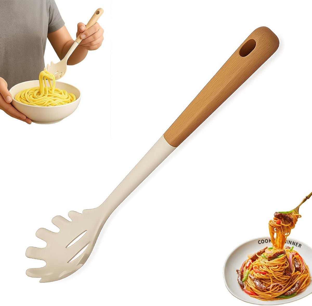 Stainless Steel Pasta Spoon with Teeth Pasta Server & Spaghetti Spoon with Drain Holes for Noodles, Pasta, Cooking & Serving (Silver)