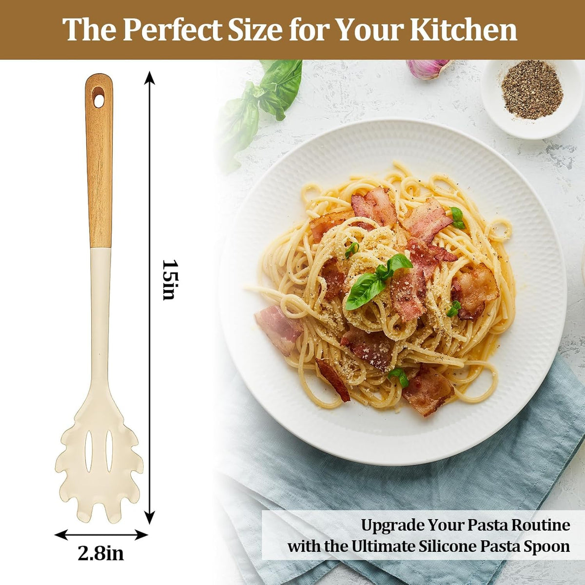 Stainless Steel Pasta Spoon with Teeth Pasta Server & Spaghetti Spoon with Drain Holes for Noodles, Pasta, Cooking & Serving (Silver)