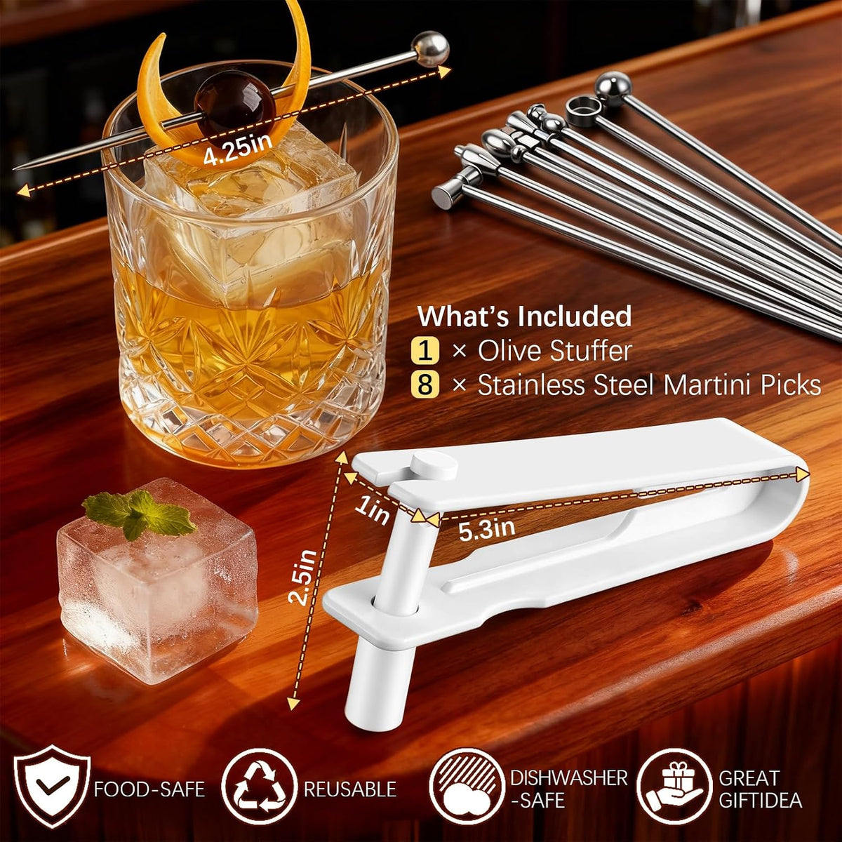 Olive Stuffer Tool Set & 8 Stainless Steel Martini Picks