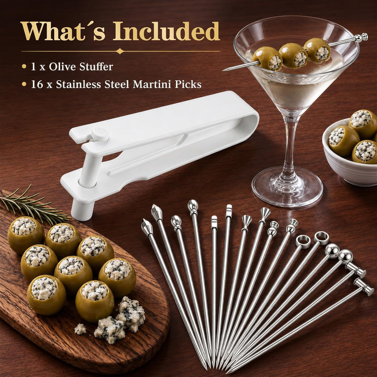Olive Stuffer Tool Set & 8 Stainless Steel Martini Picks