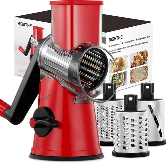 Geedel Rotary Cheese Grater Hand Crank, Cheese Shredder Mandoline Slicer | 3 Blades, 430 Stainless Steel, 12x Fast Cutting, Non-slip Suction Base, No BPA, Dishwasher Safe, For Cheese, Vegetables, Nut