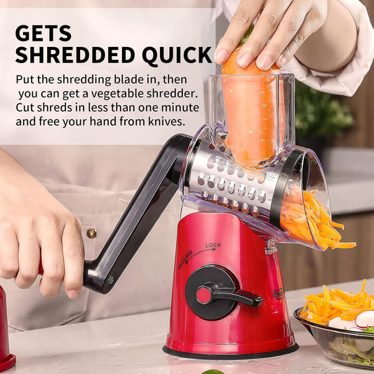 Geedel Rotary Cheese Grater Hand Crank, Cheese Shredder Mandoline Slicer | 3 Blades, 430 Stainless Steel, 12x Fast Cutting, Non-slip Suction Base, No BPA, Dishwasher Safe, For Cheese, Vegetables, Nut