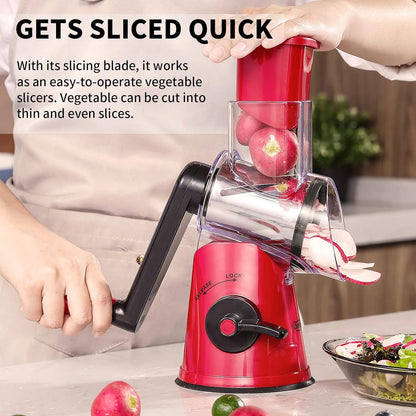 Geedel Rotary Cheese Grater Hand Crank, Cheese Shredder Mandoline Slicer | 3 Blades, 430 Stainless Steel, 12x Fast Cutting, Non-slip Suction Base, No BPA, Dishwasher Safe, For Cheese, Vegetables, Nut