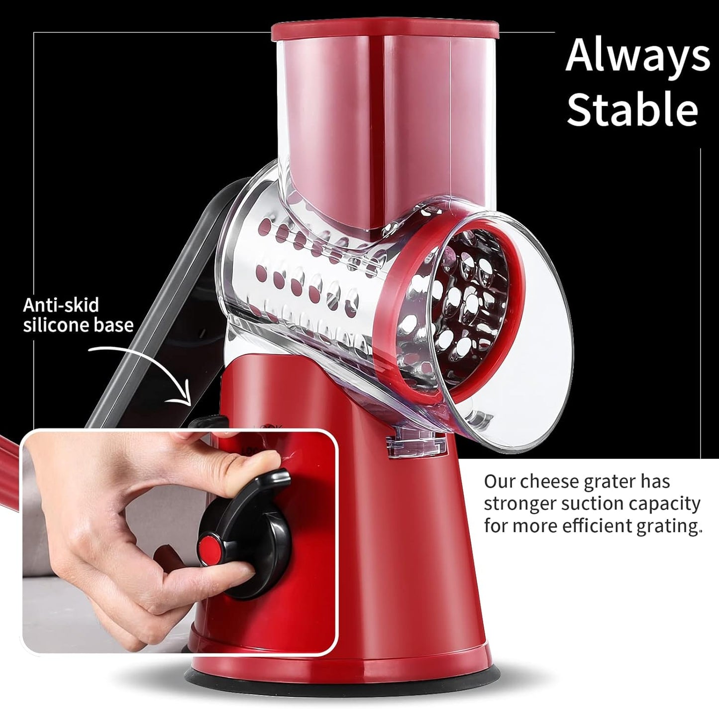 Geedel Rotary Cheese Grater Hand Crank, Cheese Shredder Mandoline Slicer | 3 Blades, 430 Stainless Steel, 12x Fast Cutting, Non-slip Suction Base, No BPA, Dishwasher Safe, For Cheese, Vegetables, Nut