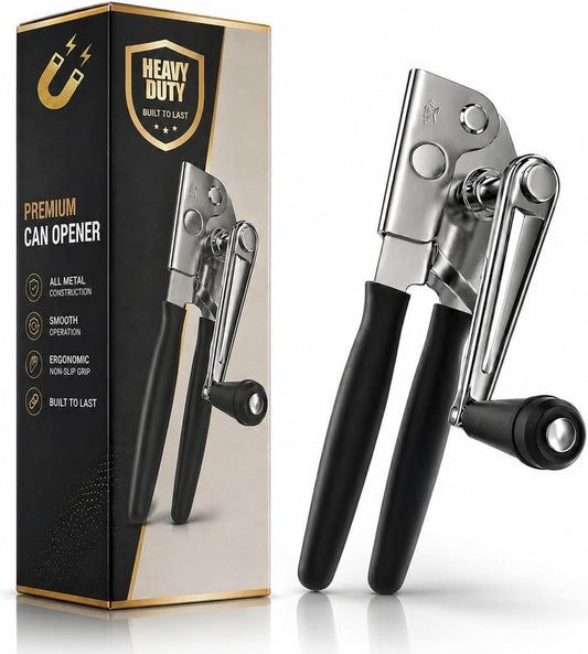 Heavy Duty Commercial Can Opener – Stainless Steel Can Opener for Large & Small Cans, Manual 360° Smooth Crank with Ergonomic Long Handles, Non-Slip Grip, 2-in-1 Bottle Opener for Restaurants & Home