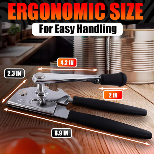 Heavy Duty Commercial Can Opener – Stainless Steel Can Opener for Large & Small Cans, Manual 360° Smooth Crank with Ergonomic Long Handles, Non-Slip Grip, 2-in-1 Bottle Opener for Restaurants & Home