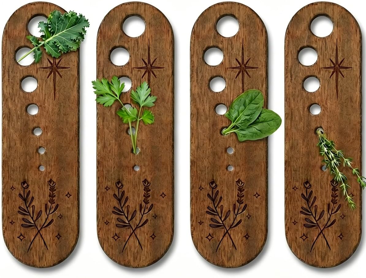 4 Pcs Wooden Herb Stripper, 7 Hole Herb Stripping Tool, Vegetable Leaf Separator for Kale, Chard, Collard Greens, Thyme, Basil and Rosemary