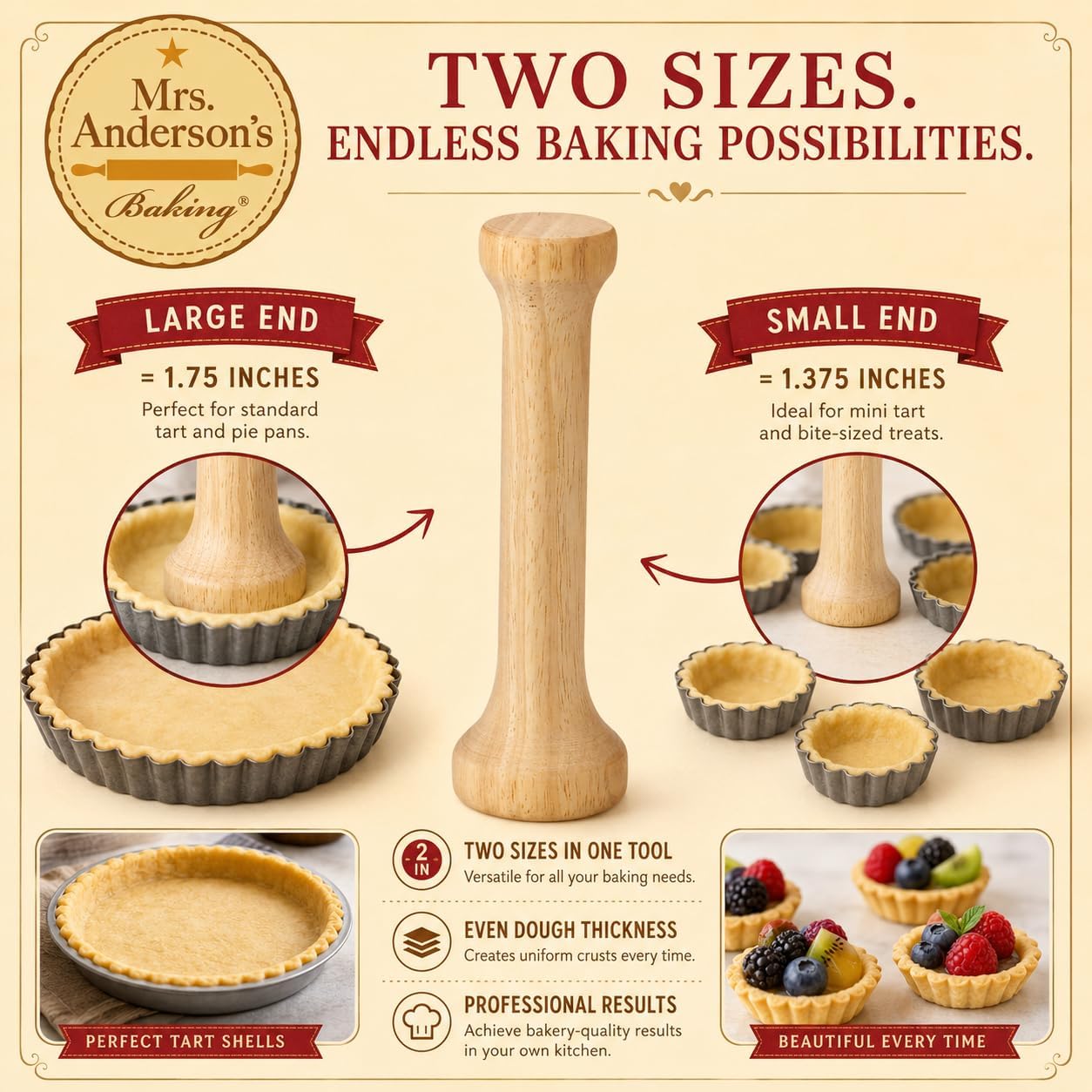 Double Dough Roller, Wood With Iron, 4.125-Inch And 2.375-Inch, Smooth Even Rolling For Dough And Pastry