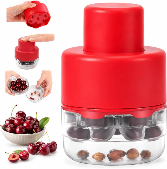 7-in-1 Cherry Pitter Tool for 7 Cherries at Once, Large Capacity Cherry Corer & Cherry Seed Remover with Splash Guard, Easy Push Fruit Pitter for Cherries, Olives, Red Dates, Red
