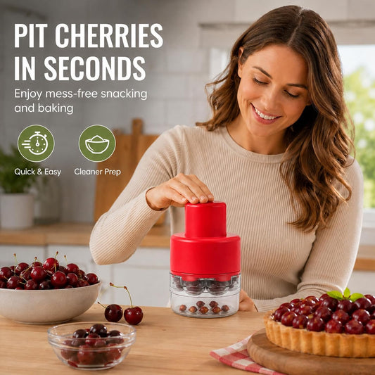 7-in-1 Cherry Pitter Tool for 7 Cherries at Once, Large Capacity Cherry Corer & Cherry Seed Remover with Splash Guard, Easy Push Fruit Pitter for Cherries, Olives, Red Dates, Red