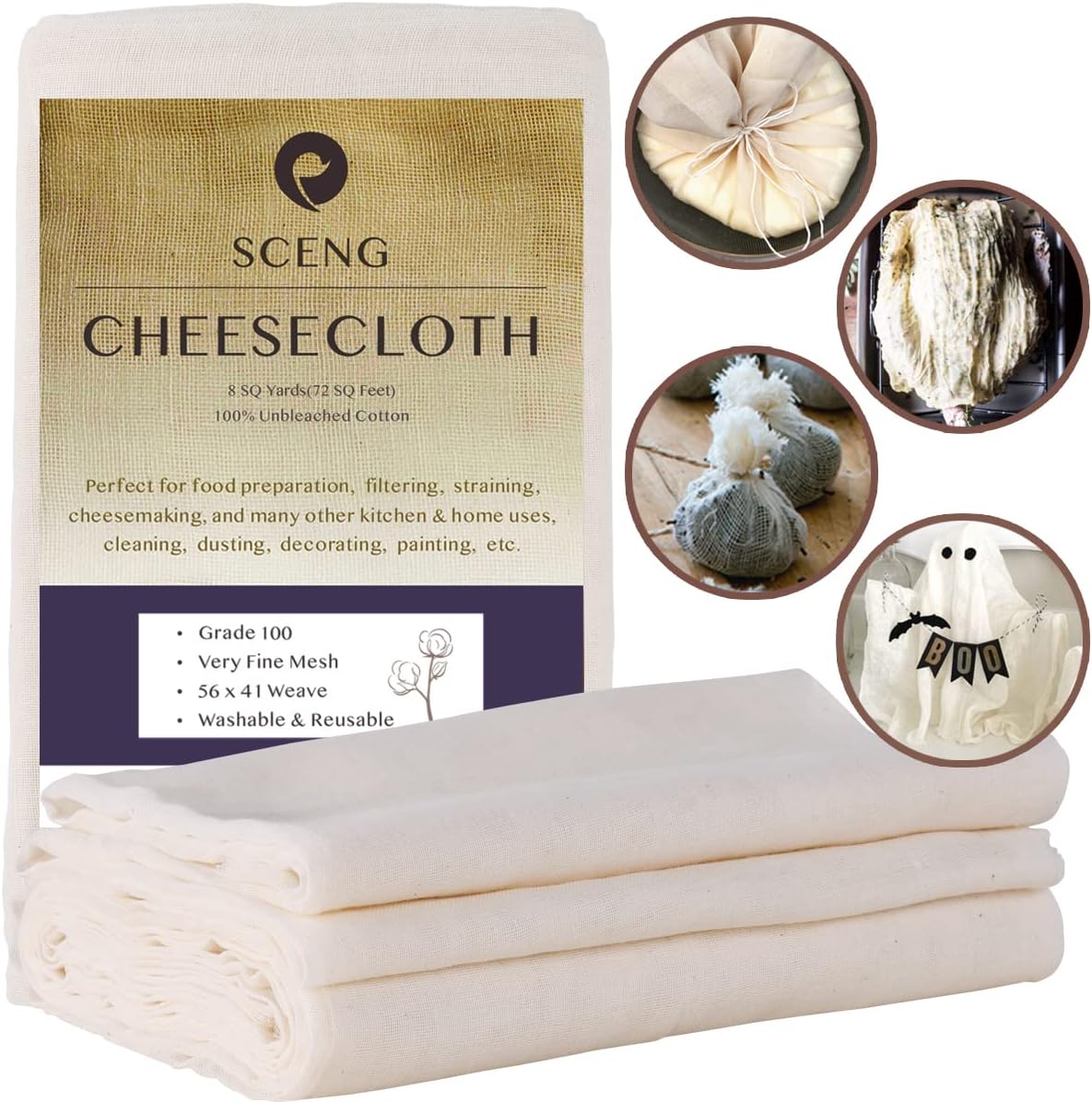Cheesecloth, Grade 90, 36 Sq Feet, Reusable, 100% Unbleached Cotton Fabric, Ultra Fine Cheese Cloth for Cooking - Nut Milk Bag, Strainer, Filter (Grade 90-4Yards)