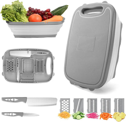 9-in-1Collapsible Cutting Board with Colander Wash Basket Camping RV Gift