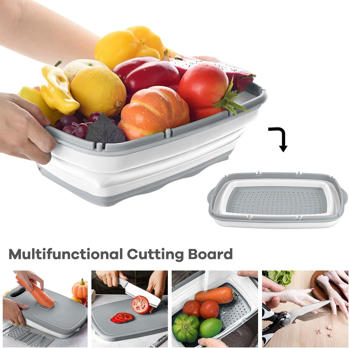 9-in-1Collapsible Cutting Board with Colander Wash Basket Camping RV Gift