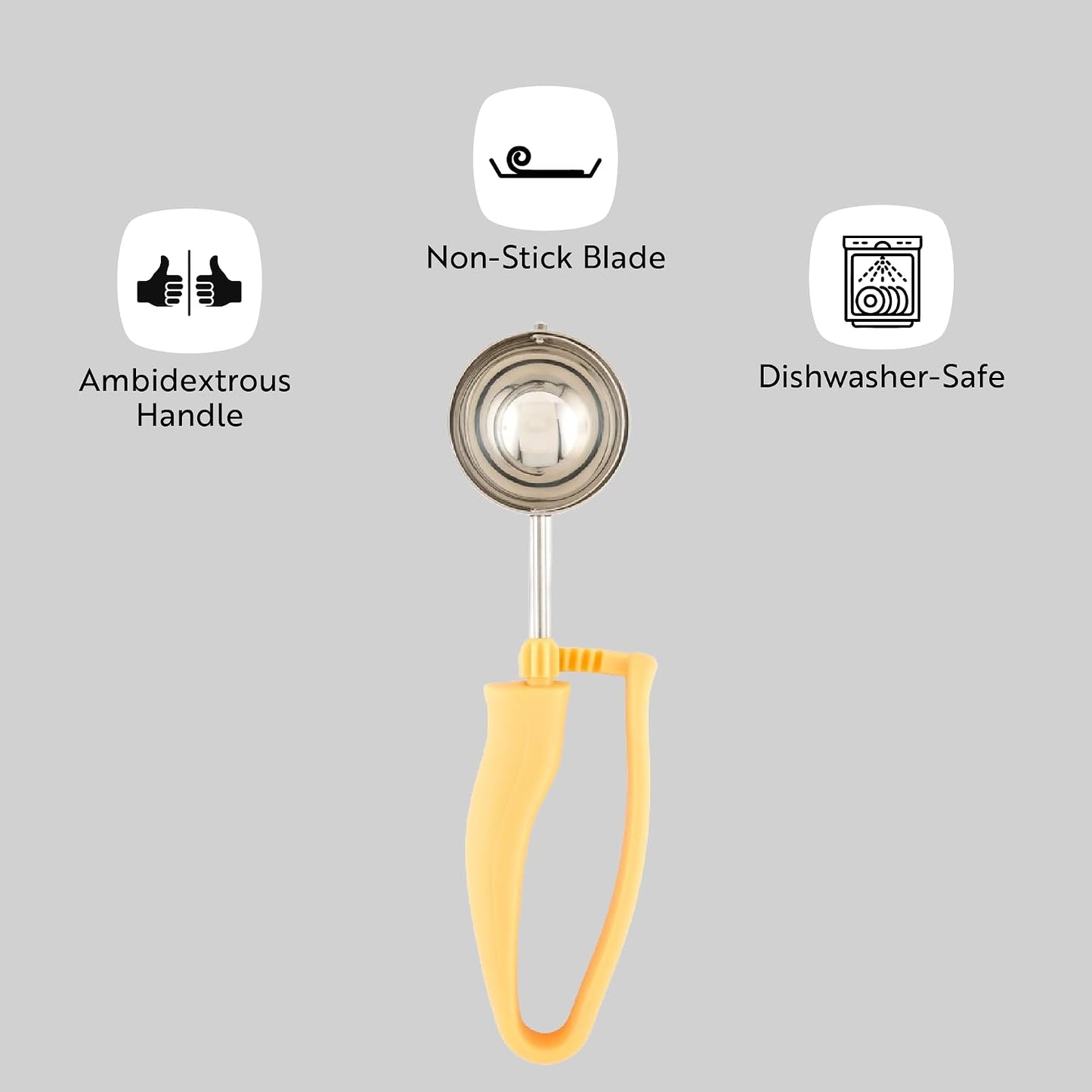Comfy Grip 4 Ounce Gelato Scoop 1 Ambidextrous Ice Cream Scoop - Built-In Blade Bright Handle Gray Stainless Steel Cookie Dough Scoop Comfortable Grip For All Ingredients
