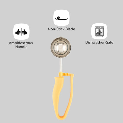 Comfy Grip 4 Ounce Gelato Scoop 1 Ambidextrous Ice Cream Scoop - Built-In Blade Bright Handle Gray Stainless Steel Cookie Dough Scoop Comfortable Grip For All Ingredients
