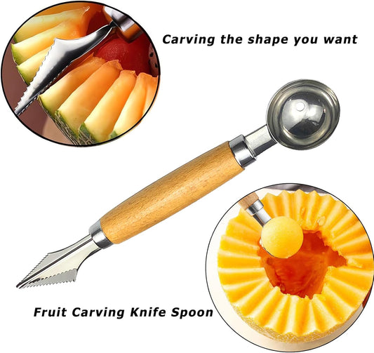 Melon Baller Scoop Stainless Steel Double-Ended Melon Baller Set with Wooden Handle, Fruit Carving Tools Fruit Cutter Shapes