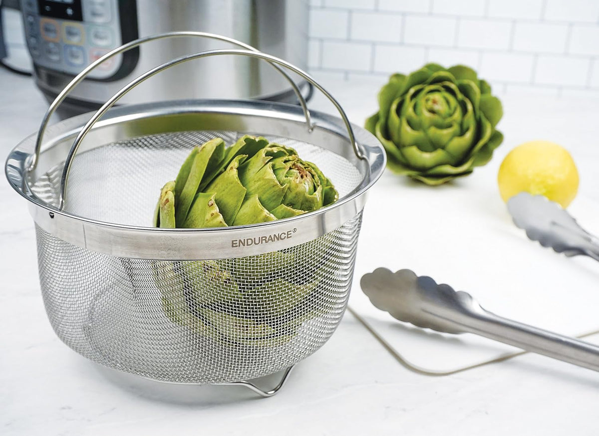 Mesh Colander Strainer Basket with Folding Handles, 3 Quarts | For Pasta, Frying, & Salads | Dishwasher Safe | Use in Pressure Cookers | Steaming, Draining & Rinsing