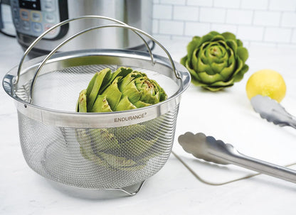 Mesh Colander Strainer Basket with Folding Handles, 3 Quarts | For Pasta, Frying, & Salads | Dishwasher Safe | Use in Pressure Cookers | Steaming, Draining & Rinsing