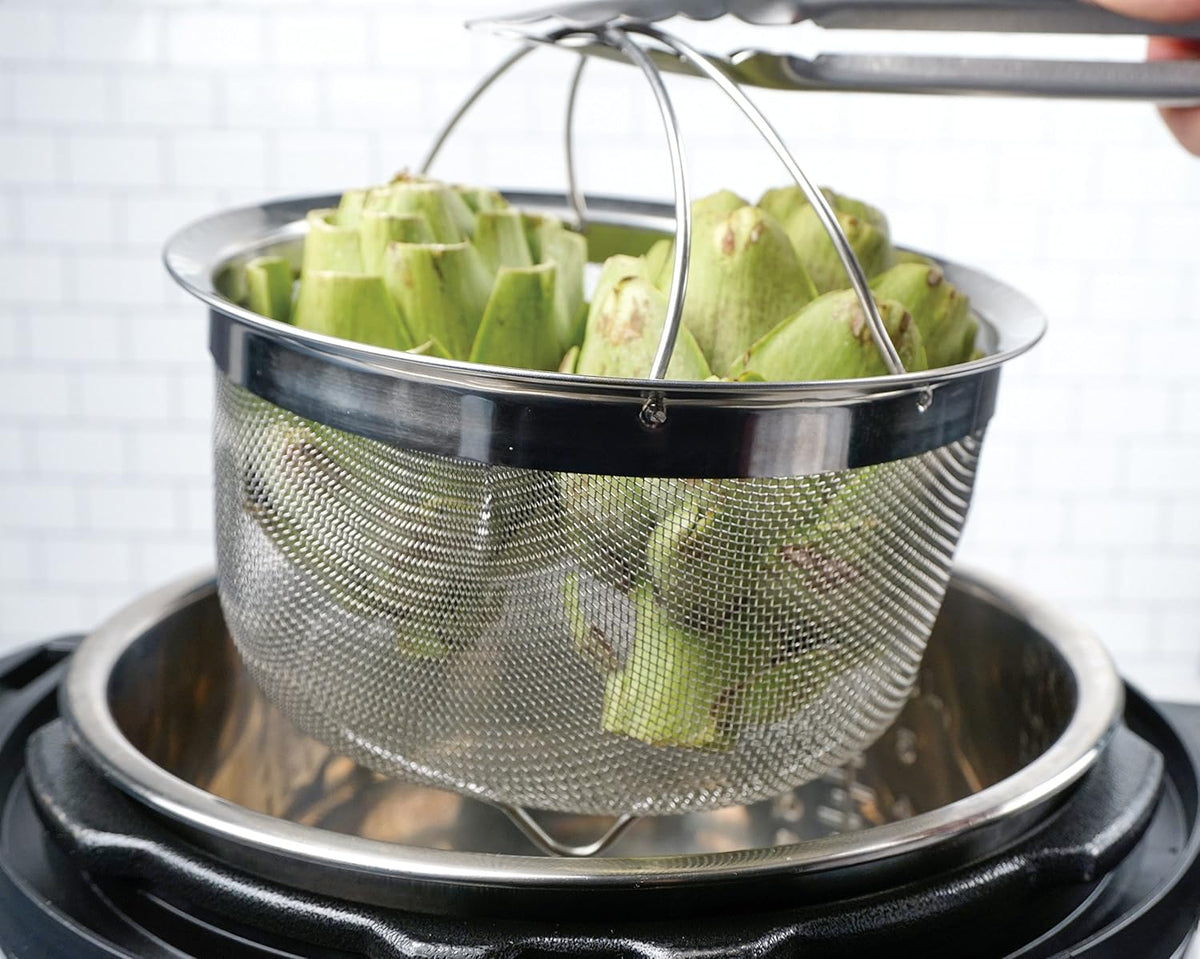 Mesh Colander Strainer Basket with Folding Handles, 3 Quarts | For Pasta, Frying, & Salads | Dishwasher Safe | Use in Pressure Cookers | Steaming, Draining & Rinsing