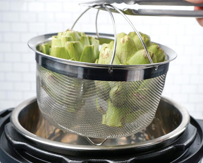 Mesh Colander Strainer Basket with Folding Handles, 3 Quarts | For Pasta, Frying, & Salads | Dishwasher Safe | Use in Pressure Cookers | Steaming, Draining & Rinsing