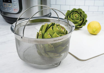 Mesh Colander Strainer Basket with Folding Handles, 3 Quarts | For Pasta, Frying, & Salads | Dishwasher Safe | Use in Pressure Cookers | Steaming, Draining & Rinsing