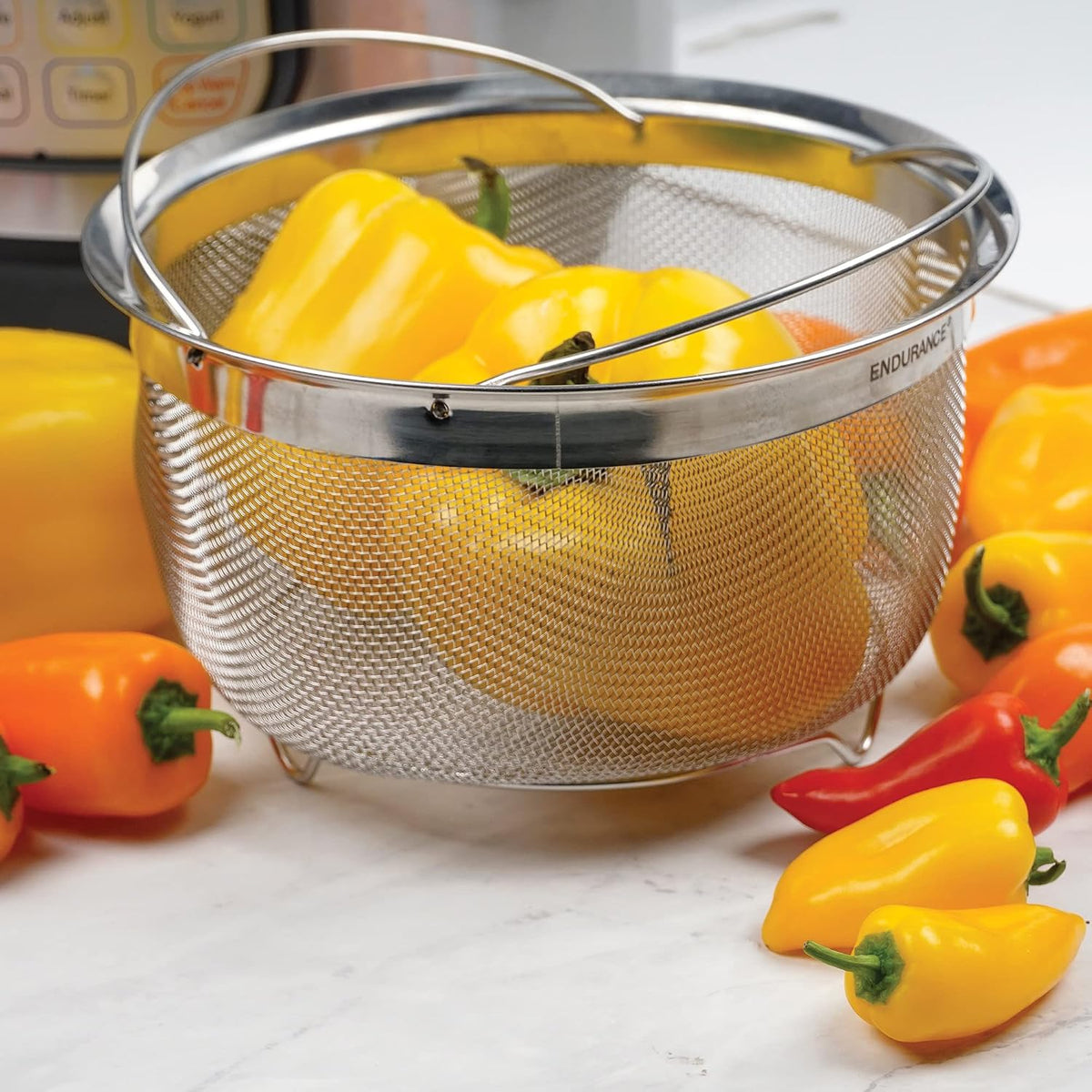 Mesh Colander Strainer Basket with Folding Handles, 3 Quarts | For Pasta, Frying, & Salads | Dishwasher Safe | Use in Pressure Cookers | Steaming, Draining & Rinsing