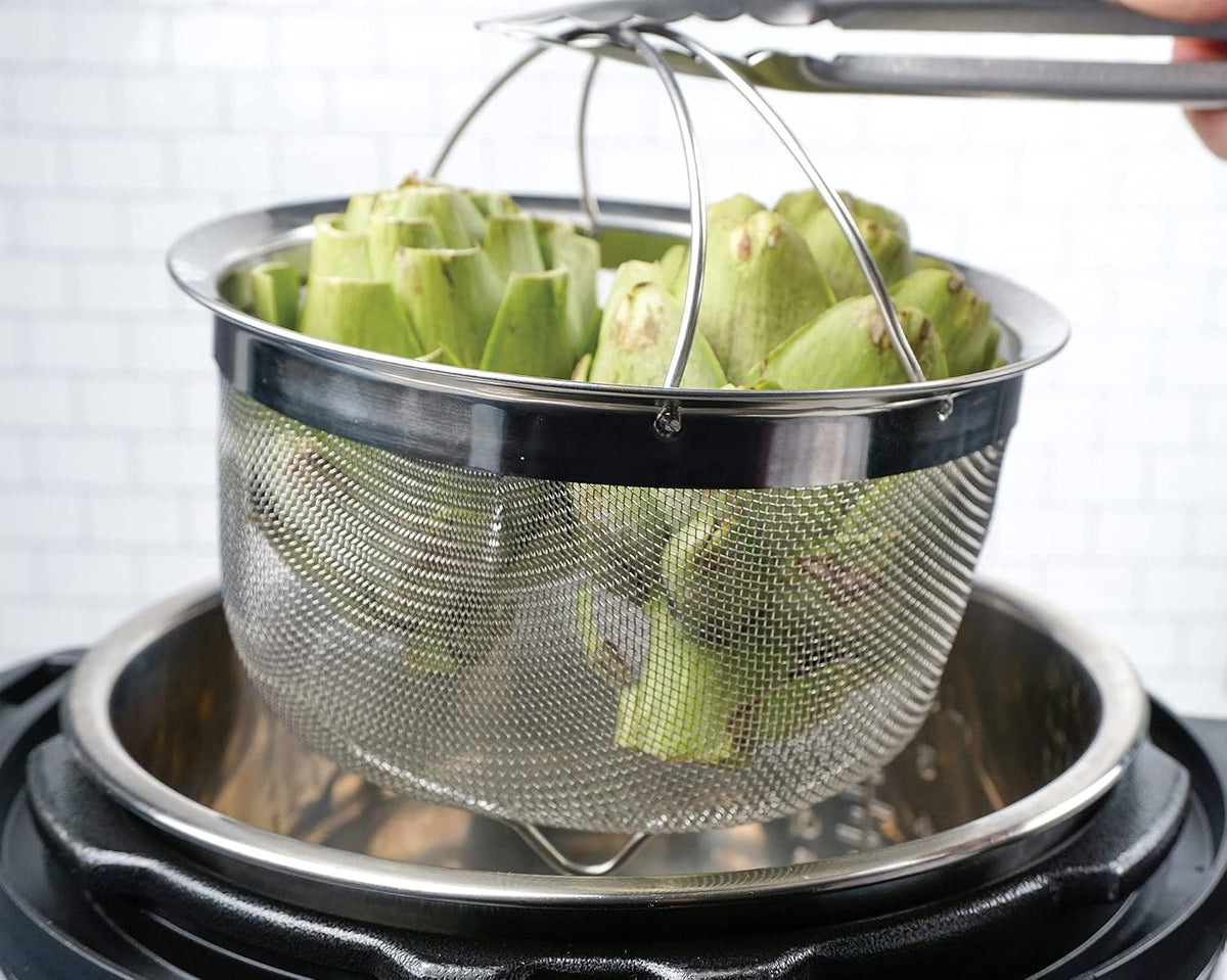 Mesh Colander Strainer Basket with Folding Handles, 3 Quarts | For Pasta, Frying, & Salads | Dishwasher Safe | Use in Pressure Cookers | Steaming, Draining & Rinsing