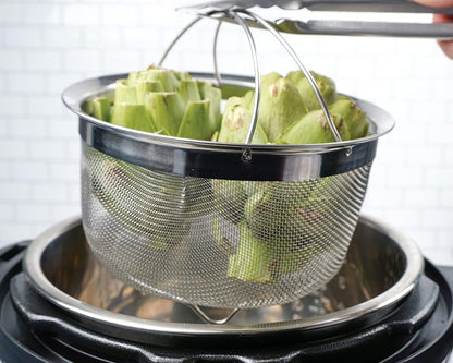 Mesh Colander Strainer Basket with Folding Handles, 3 Quarts | For Pasta, Frying, & Salads | Dishwasher Safe | Use in Pressure Cookers | Steaming, Draining & Rinsing