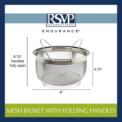 Mesh Colander Strainer Basket with Folding Handles, 3 Quarts | For Pasta, Frying, & Salads | Dishwasher Safe | Use in Pressure Cookers | Steaming, Draining & Rinsing