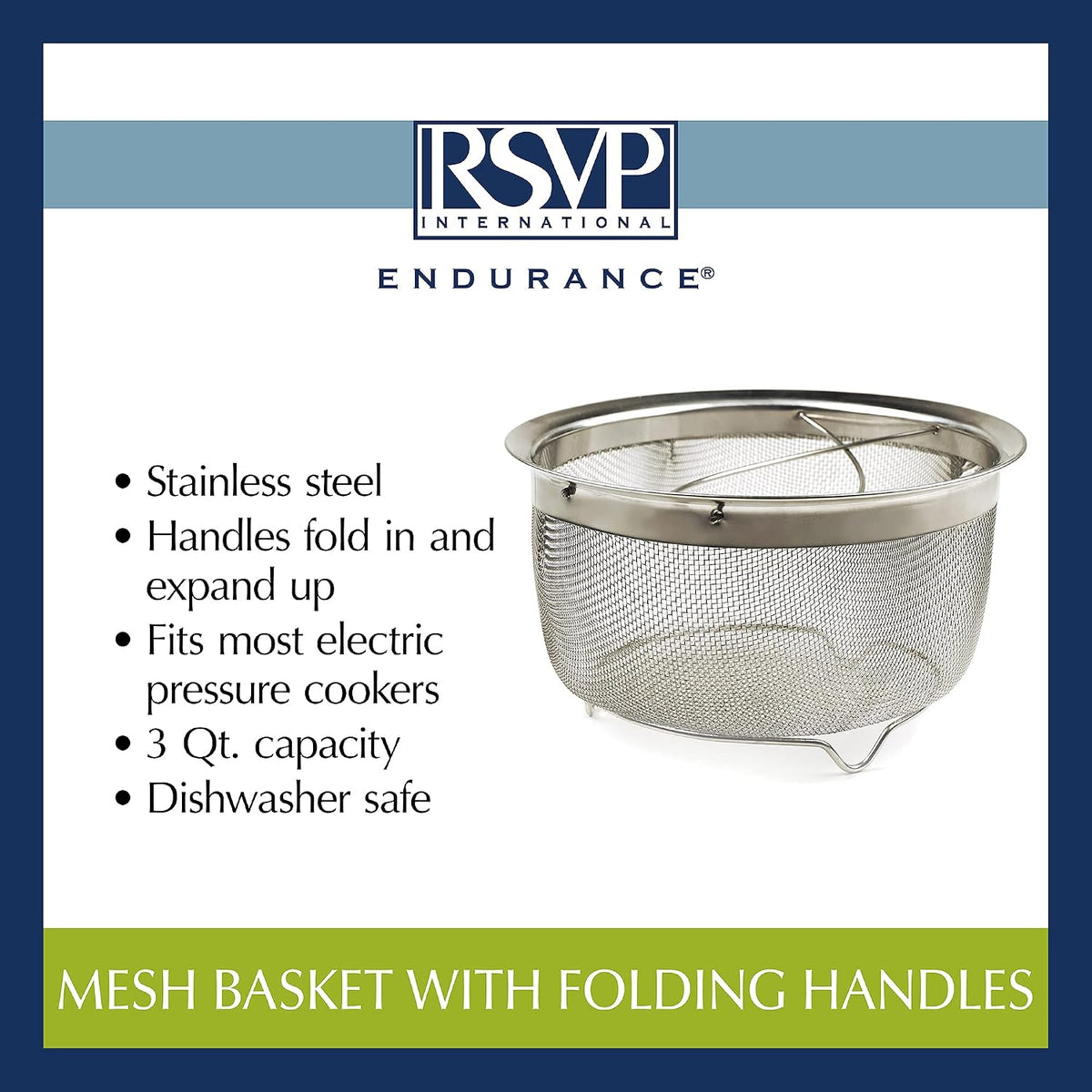 Mesh Colander Strainer Basket with Folding Handles, 3 Quarts | For Pasta, Frying, & Salads | Dishwasher Safe | Use in Pressure Cookers | Steaming, Draining & Rinsing