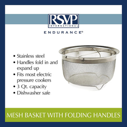 Mesh Colander Strainer Basket with Folding Handles, 3 Quarts | For Pasta, Frying, & Salads | Dishwasher Safe | Use in Pressure Cookers | Steaming, Draining & Rinsing