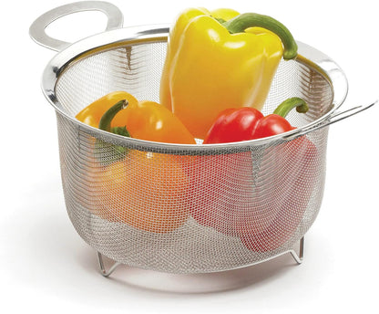 Mesh Colander Strainer Basket with Folding Handles, 3 Quarts | For Pasta, Frying, & Salads | Dishwasher Safe | Use in Pressure Cookers | Steaming, Draining & Rinsing