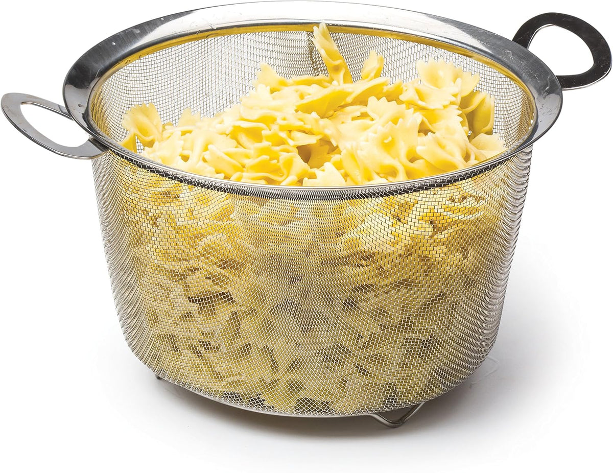 Mesh Colander Strainer Basket with Folding Handles, 3 Quarts | For Pasta, Frying, & Salads | Dishwasher Safe | Use in Pressure Cookers | Steaming, Draining & Rinsing