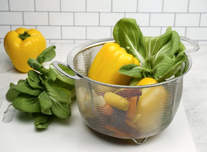 Mesh Colander Strainer Basket with Folding Handles, 3 Quarts | For Pasta, Frying, & Salads | Dishwasher Safe | Use in Pressure Cookers | Steaming, Draining & Rinsing