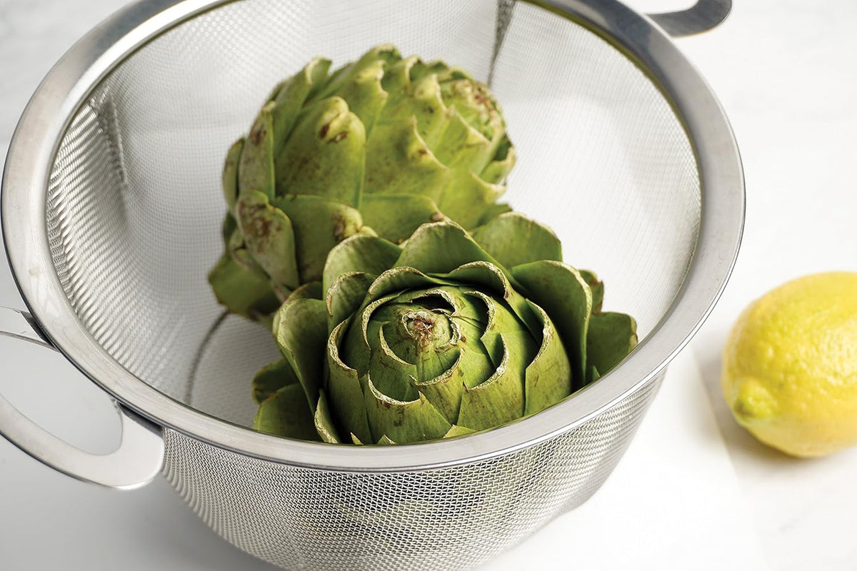 Mesh Colander Strainer Basket with Folding Handles, 3 Quarts | For Pasta, Frying, & Salads | Dishwasher Safe | Use in Pressure Cookers | Steaming, Draining & Rinsing