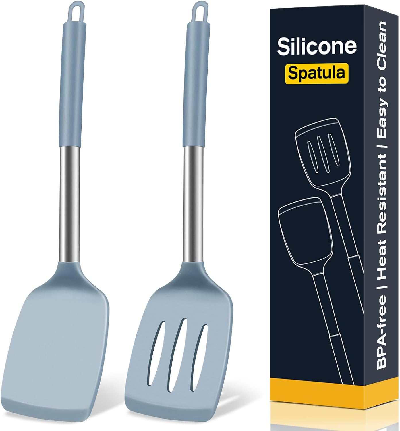 2 Pack Silicone Spatula Set, Solid & Slotted Turner for Non-Stick Pans, High Heat Resistant Silicone Spatula for Cooking, BPA-Free Stainless Steel Cooking Utensils for Fish, Eggs, Pancakes, Black