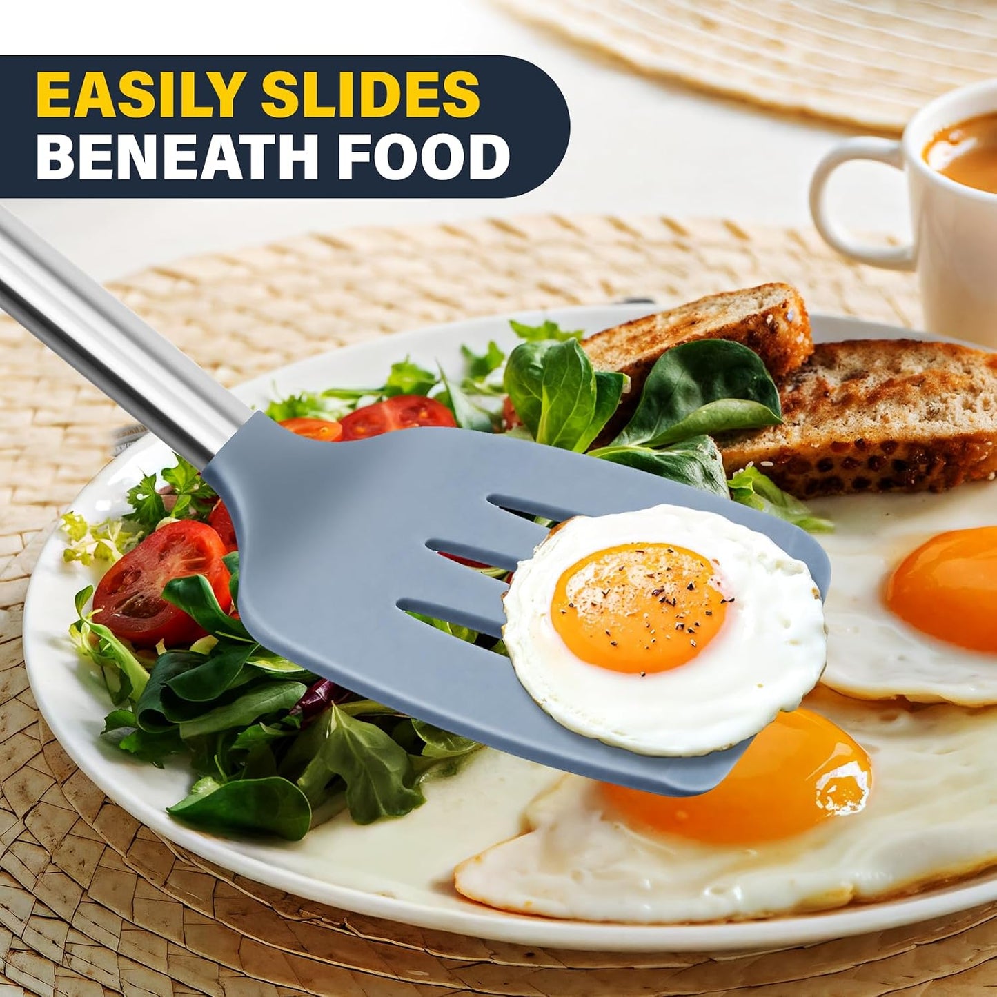 2 Pack Silicone Spatula Set, Solid & Slotted Turner for Non-Stick Pans, High Heat Resistant Silicone Spatula for Cooking, BPA-Free Stainless Steel Cooking Utensils for Fish, Eggs, Pancakes, Black